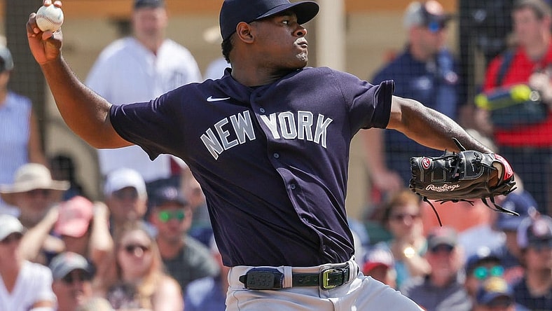 Mar 10, 2023; Lakeland, Florida, USA; New York Yankees starting pitcher Luis Severino (40) pitches during the first inning against the Detroit Tigers at Publix Field at Joker Marchant Stadium. Mandatory Credit: Mike Watters-USA TODAY Sports