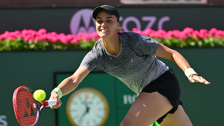 Mar 12, 2023; Indian Wells, CA, USA;   Anhelina Kalinina (UKR)  hits a shot in her third round match against Maria Sakkari (GRE) in the BNP Paribas Open at the Indian Wells Tennis Garden. Mandatory Credit: Jayne Kamin-Oncea-USA TODAY Sports