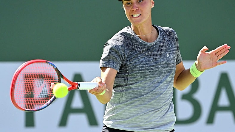 Mar 12, 2023; Indian Wells, CA, USA;   Anhelina Kalinina (UKR)  hits a shot in her third round match against Maria Sakkari (GRE) in the BNP Paribas Open at the Indian Wells Tennis Garden. Mandatory Credit: Jayne Kamin-Oncea-USA TODAY Sports
