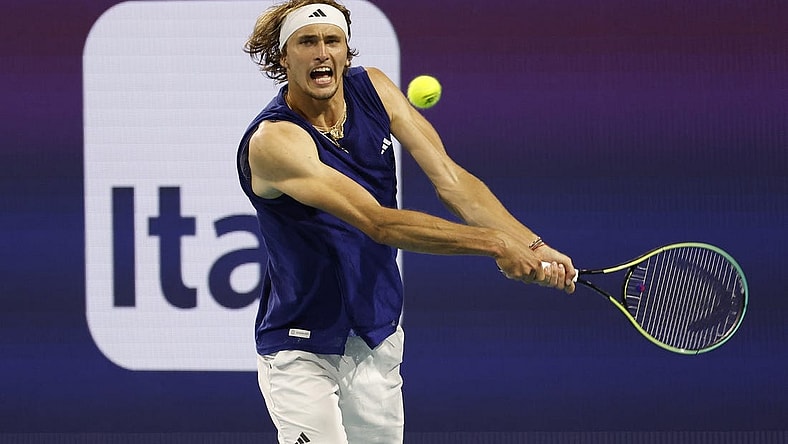 Mar 24, 2023; Miami, Florida, US; Alexander Zverev (GER) hits a backhand against Taro Daniel (JPN) (not pictured) on day five of the Miami Open at Hard Rock Stadium. Mandatory Credit: Geoff Burke-USA TODAY Sports