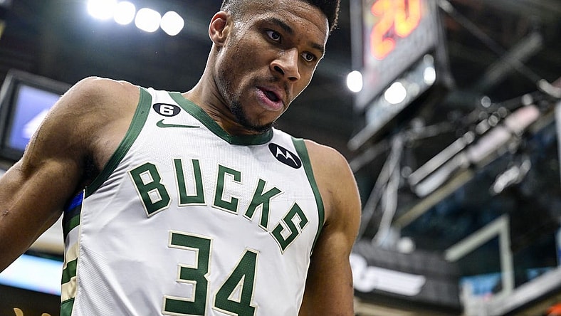 Mar 24, 2023; Salt Lake City, Utah, USA; Milwaukee Bucks forward Giannis Antetokounmpo (34) reacts after making a basket against the Utah Jazz during the second half at Vivint Arena. Mandatory Credit: Christopher Creveling-USA TODAY Sports
