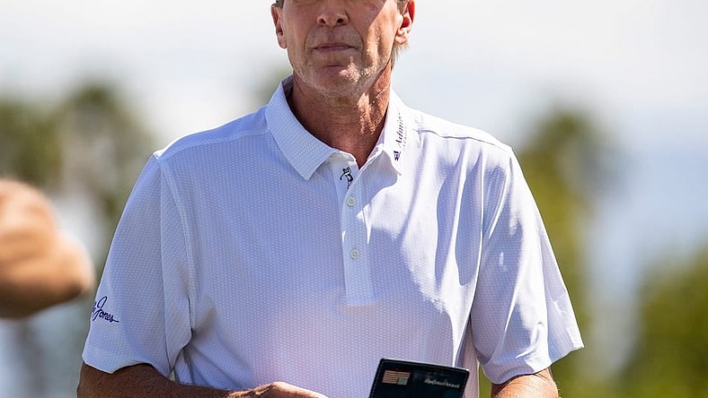Steve Stricker finishes up on the 16th green during the second round of the Galleri Classic in Rancho Mirage, Calif., Saturday, March 25, 2023.