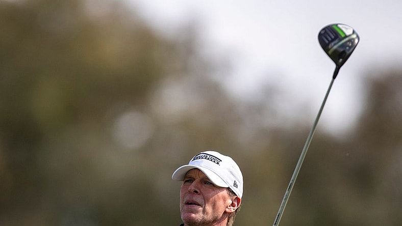 Steve Stricker tees off on 18 during the final round of the Galleri Classic in Rancho Mirage, Calif., Sunday, March 26, 2023.