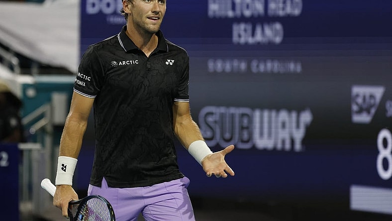 Mar 26, 2023; Miami, Florida, US; Casper Ruud (NOR) reacts after losing a point against Botic van de Zandschulp (NED) (not pictured) on day seven of the Miami Open at Hard Rock Stadium. Mandatory Credit: Geoff Burke-USA TODAY Sports