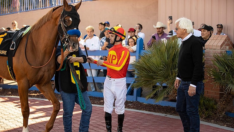 Horse trainer Bob Baffert, right, and jockey Flavien Prat and horse,    Hard to Figure   , #6, moments before racing in the 18th running of the Sunland Derby at Sunland Park Racetrack & Casino in Sunland Park, New Mexico, Sunday, March 26, 2023.