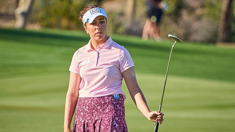 Georgia Hall watches after a putt on the 18th hole during the final round of the LPGA Drive On Championship on the Prospector Course at Superstition Mountain Golf and Country Club in Gold Canyon on March 26, 2023.

Lpga At Superstition Mountain Final Round