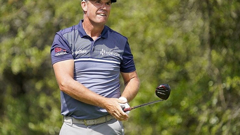 Mar 31, 2023; San Antonio, Texas, USA; Padraig Harrington plays his shot from the first tee  during the second round of the Valero Texas Open golf tournament. Mandatory Credit: Raymond Carlin III-USA TODAY Sports