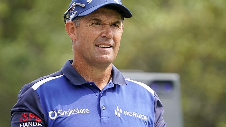 Apr 2, 2023; San Antonio, Texas, USA; Padraig Harrington waits to tee off on the first hole during the final round of the Valero Texas Open golf tournament at TPC San Antonio. Mandatory Credit: Raymond Carlin III-USA TODAY Sports