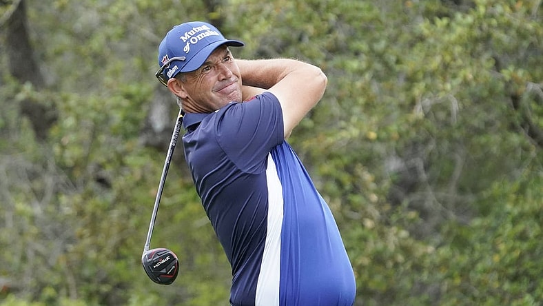 Apr 2, 2023; San Antonio, Texas, USA; Padraig Harrington plays his shot from the first tee during the final round of the Valero Texas Open golf tournament at TPC San Antonio. Mandatory Credit: Raymond Carlin III-USA TODAY Sports