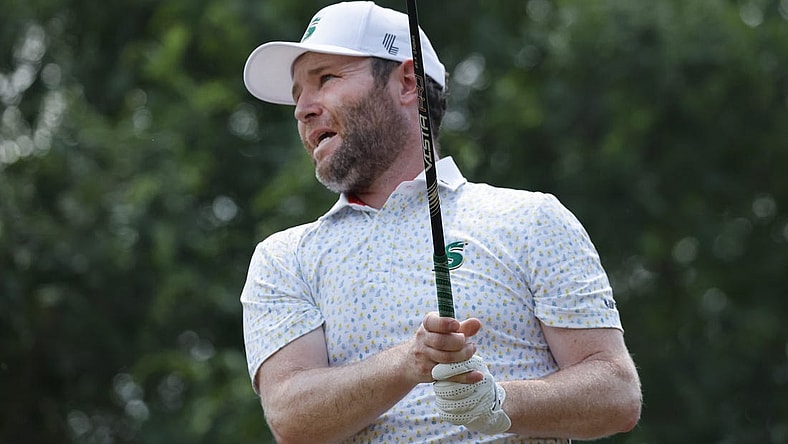 Apr 2, 2023; Orlando, Florida, USA; Branden Grace of the Stinger golf club plays his shot from the sixth tee during the final round of a LIV Golf event at Orange County National. Mandatory Credit: Reinhold Matay-USA TODAY Sports