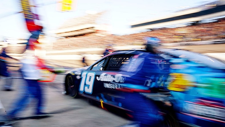 Apr 2, 2023; Richmond, Virginia, USA; NASCAR Cup Series driver Martin Truex Jr. (19) pits during the Toyota Owners 400 at Richmond Raceway. Mandatory Credit: John David Mercer-USA TODAY Sports
