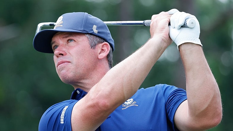 Apr 2, 2023; Orlando, Florida, USA;Paul Casey of the Crushers plays his shot from the sixth tee during the final round of a LIV Golf event at Orange County National. Mandatory Credit: Reinhold Matay-USA TODAY Sports