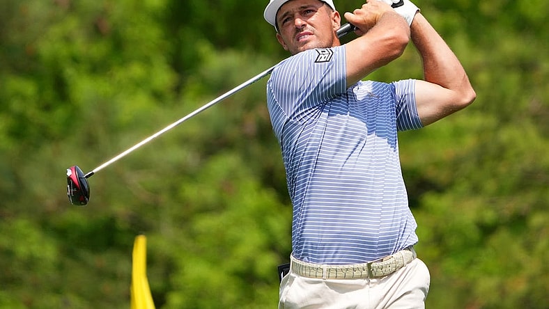 Apr 6, 2023; Augusta, Georgia, USA; Bryson DeChambeau tees off on the fifth hole during the first round of The Masters golf tournament. Mandatory Credit: Kyle Terada-USA TODAY Network