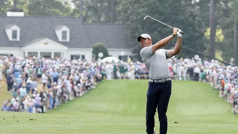 Apr 7, 2023; Augusta, Georgia, USA; Rory McIlroy hits from the first fairway during the second round of The Masters golf tournament. Mandatory Credit: Rob Schumacher-USA TODAY Network