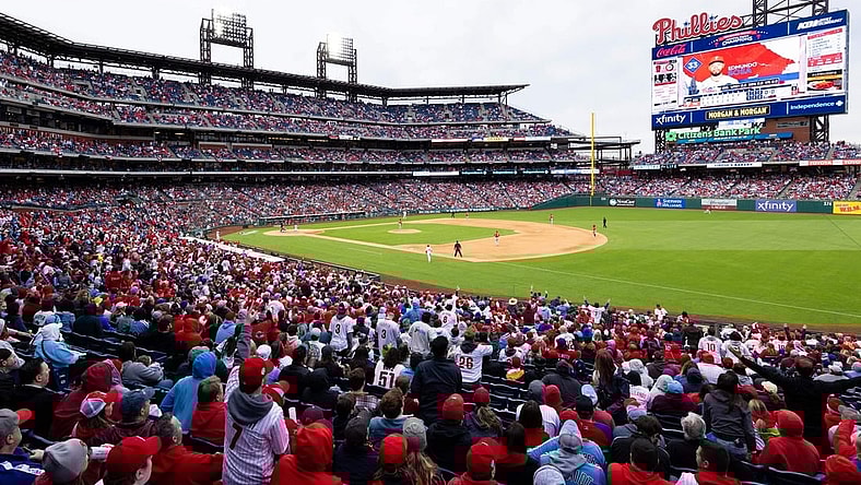 Apr 7, 2023; Philadelphia, Pennsylvania, USA; General view as Philadelphia Phillies shortstop Edmundo Sosa (33) hits a home run during the eighth inning against the Cincinnati Reds at Citizens Bank Park. Mandatory Credit: Bill Streicher-USA TODAY Sports