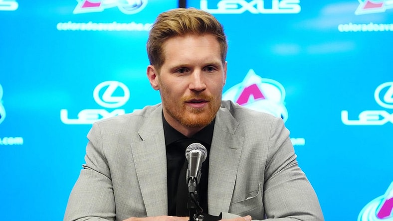Apr 13, 2023; Denver, Colorado, USA; Colorado Avalanche left wing Gabriel Landeskog (92) speaks to the media before the game at Ball Arena. Mandatory Credit: Ron Chenoy-USA TODAY Sports
