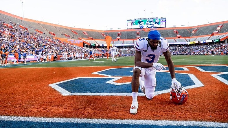 Florida Gators wide receiver Xzavier Henderson (3) prays before the game during the Florida Gators Orange and Blue Spring Game at Steve Spurrier Field at Ben Hill Griffin Stadium in Gainesville, FL on Thursday, April 13, 2023. [Matt Pendleton/Gainesville Sun]

Ncaa Football Florida Gators Orange Blue Spring Game