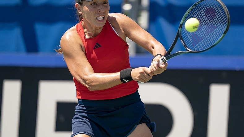 Apr 15, 2023; Delray Beach, FL, USA; Jessica Pegula (USA) returns a shot against Julia Grabher (AUT) in the Billie Jean King Cup tie against Austria at Delray Beach Tennis Center. Mandatory Credit: Susan Mullane-USA TODAY Sports