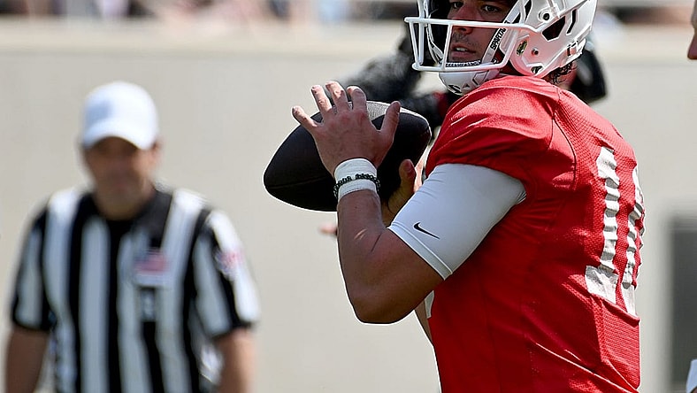 Apr 15, 2023; East Lansing, MI, USA;  Michigan State Spartans quarterback Payton Thorne (10) throws downfield at Spartan Stadium. Mandatory Credit: Dale Young-USA TODAY Sports