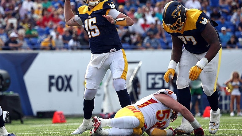 Apr 15, 2023; Memphis, TN, USA; Memphis Showboats quarterback Cole Kelley (15) passes the ball during the first half against the Philadelphia Stars at Simmons Bank Liberty Stadium. Mandatory Credit: Petre Thomas-USA TODAY Sports