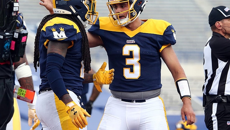 Apr 15, 2023; Memphis, TN, USA; Memphis Showboats quarterback Brady White (3) reacts with running back Alex Collins (2) during the second half against the Philadelphia Stars at Simmons Bank Liberty Stadium. Mandatory Credit: Petre Thomas-USA TODAY Sports
