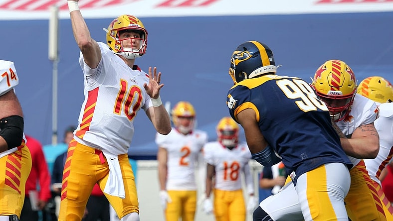 Apr 15, 2023; Memphis, TN, USA; Philadelphia Stars quarterback Case Cookus (10) passes the ball during the first half against the Memphis Showboats at Simmons Bank Liberty Stadium. Mandatory Credit: Petre Thomas-USA TODAY Sports