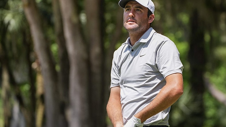 Apr 16, 2023; Hilton Head, South Carolina, USA; Scottie Scheffler watches his ball from the second tee during the final round of the RBC Heritage golf tournament. Mandatory Credit: David Yeazell-USA TODAY Sports