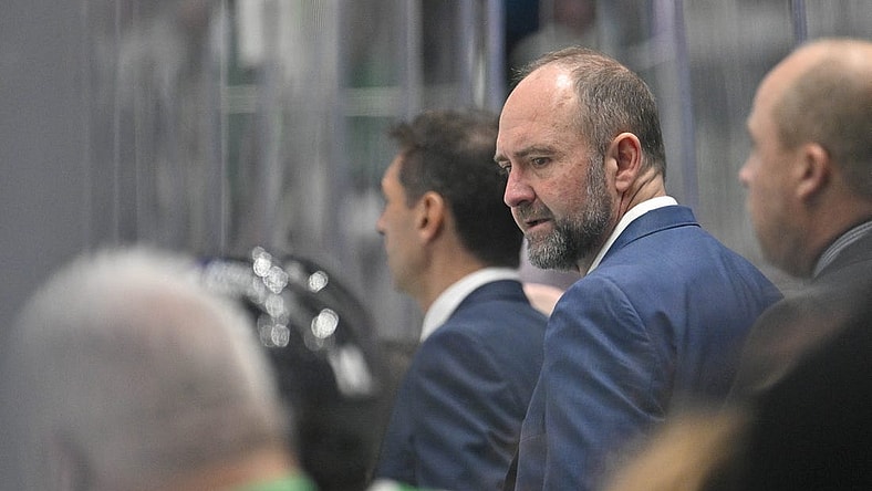 Apr 19, 2023; Dallas, Texas, USA; Dallas Stars head coach Peter DeBoer talks to his team during the second period against the Minnesota Wild in game two of the first round of the 2023 Stanley Cup Playoffs at American Airlines Center. Mandatory Credit: Jerome Miron-USA TODAY Sports