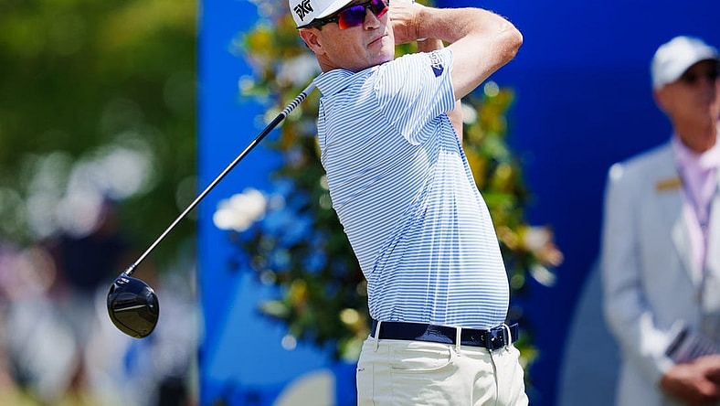 Apr 20, 2023; Avondale, Louisiana, USA; Zach Johnson hits a tee shot on the first hole during the first round of the Zurich Classic of New Orleans golf tournament. Mandatory Credit: Andrew Wevers-USA TODAY Sports