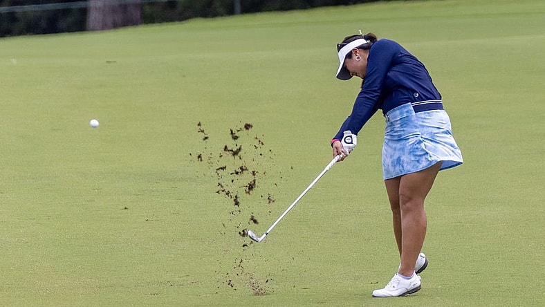 Apr 21, 2023; The Woodlands, Texas, USA;  Lilia Vu (USA) hits her fairway shot on the ninth hole during the second round of The Chevron Championship golf tournament. Mandatory Credit: Thomas Shea-USA TODAY Sports