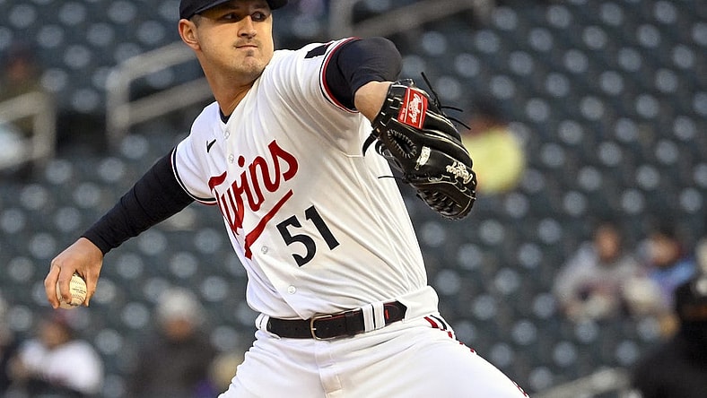 Apr 21, 2023; Minneapolis, Minnesota, USA; Minnesota Twins pitcher Tyler Mahle (51) delivers a pitch against the Washington Nationals at Target Field. Mandatory Credit: Nick Wosika-USA TODAY Sports