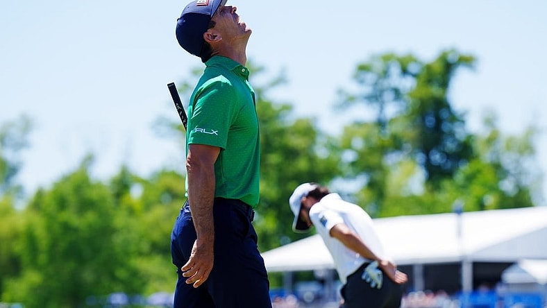 Apr 22, 2023; Avondale, Louisiana, USA; Billy Horschel reacts to missing a putt on the 18th green during the third round of the Zurich Classic of New Orleans golf tournament. Mandatory Credit: Andrew Wevers-USA TODAY Sports