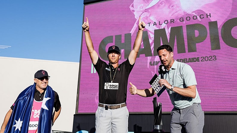 Apr 23, 2023; Adelaide, South Australia, AUS; Talor Gooch celebrates his victory in the individual tournament after the final round of LIV Golf Adelaide golf tournament at Grange Golf Club. Mandatory Credit: Mike Frey-USA TODAY Sports