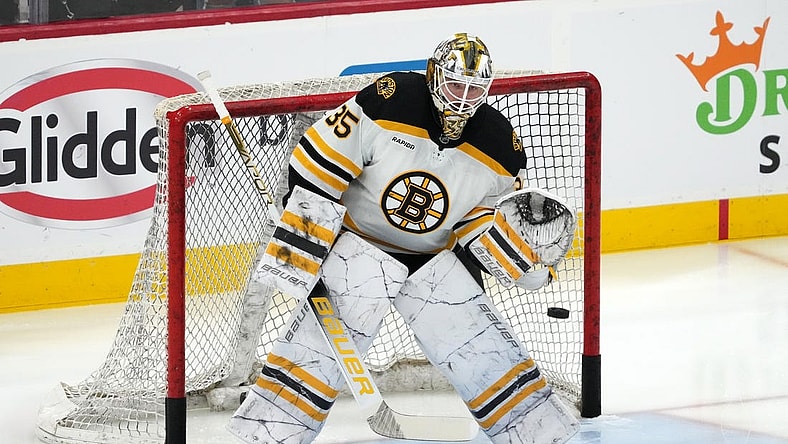 Apr 23, 2023; Sunrise, Florida, USA; Boston Bruins goaltender Linus Ullmark (35) warms up prior to game four against the Florida Panthers  in the first round of the 2023 Stanley Cup Playoffs at FLA Live Arena. Mandatory Credit: Jasen Vinlove-USA TODAY Sports