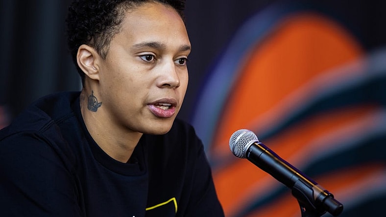 Apr 27, 2023; Phoenix, AZ, USA; Phoenix Mercury center Brittney Griner speaks to the media during a press conference at Footprint Center. Mandatory Credit: Mark J. Rebilas-USA TODAY Sports