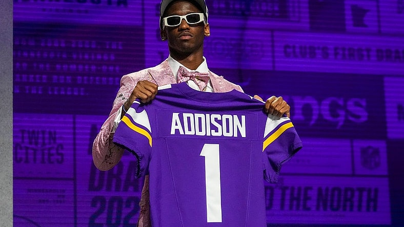 Apr 27, 2023; Kansas City, MO, USA; USC wide receiver Jordan Addison on stage after being selected by the Minnesota Vikings twenty third overall in the first round of the 2023 NFL Draft at Union Station. Mandatory Credit: Kirby Lee-USA TODAY Sports