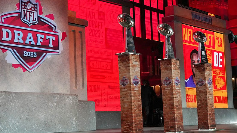 Apr 27, 2023; Kansas City, MO, USA; Kansas City Chiefs Vince Lombardi Trophy on display after the Chiefs thirty first overall pick in the first round of the 2023 NFL Draft at Union Station. Mandatory Credit: Kirby Lee-USA TODAY Sports