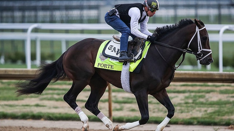 Apr 29, 2023; Louisville, KY, USA; Kentucky Derby contender Forte is worked by jockey Irad Ortiz Jr. at the track Saturday, April 29, 2023, the week before the Derby at Churchill Downs in Louisville, Ky. Mandatory Credit: Matt Stone-USA TODAY Sports