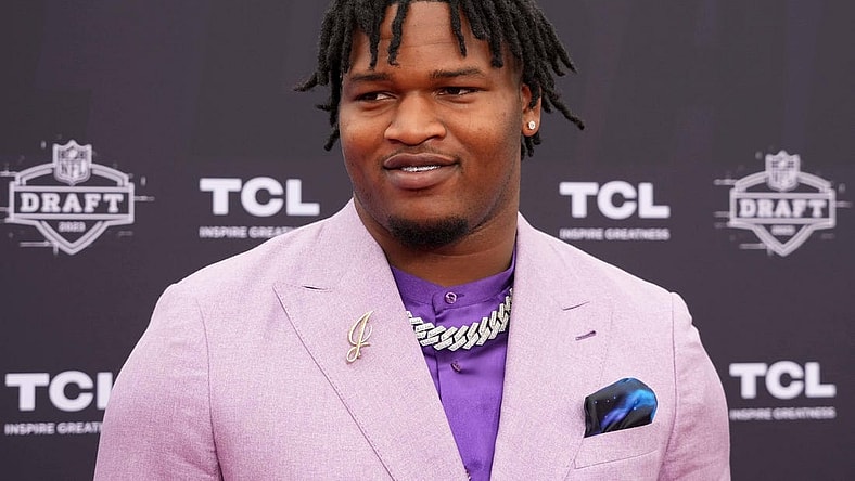 Apr 27, 2023; Kansas City, MO, USA; Georgia Bulldogs defensive end Jalen Carter poses on the red carpet at the National World War I Museum and Memorial. Mandatory Credit: Kirby Lee-USA TODAY Sports