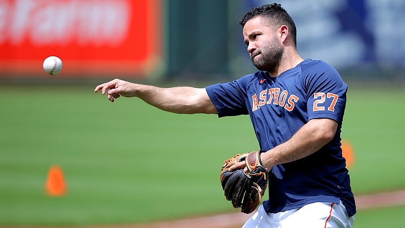 May 2, 2023; Houston, Texas, USA; Houston Astros second baseman Jose Altuve (27) works out prior to the game against the San Francisco Giants at Minute Maid Park. Mandatory Credit: Erik Williams-USA TODAY Sports
