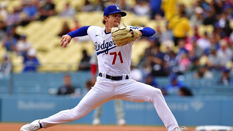 May 3, 2023; Los Angeles, California, USA; Los Angeles Dodgers starting pitcher Gavin Stone (71) throws against the Philadelphia Phillies during the first inning at Dodger Stadium. Mandatory Credit: Gary A. Vasquez-USA TODAY Sports