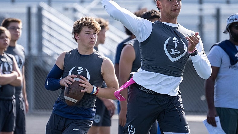 Pinnacle High School quarterbacks Wyatt Horton (left) and Dylan Raiola (right) attend a football practice on campus in Phoenix on May 2, 2023.

High School Football Pinnacle Spring Football 70170007007