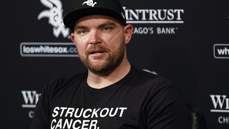 May 3, 2023; Chicago, Illinois, USA; Chicago White Sox pitcher Liam Hendriks talks about his recovery process from stage 4 non-Hodgkin lymphoma before a baseball game between the White Sox and Minnesota Twins at Guaranteed Rate Field. Mandatory Credit: Kamil Krzaczynski-USA TODAY Sports