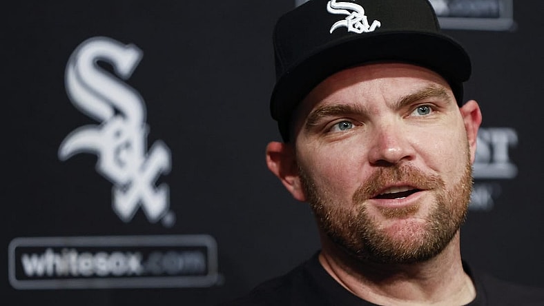 May 3, 2023; Chicago, Illinois, USA; Chicago White Sox pitcher Liam Hendriks talks about his recovery process from stage 4 non-Hodgkin lymphoma before a baseball game between the White Sox and Minnesota Twins at Guaranteed Rate Field. Mandatory Credit: Kamil Krzaczynski-USA TODAY Sports