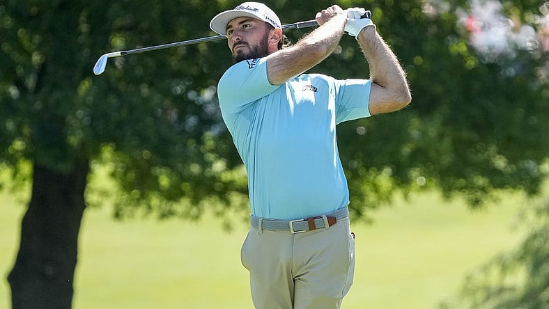 May 4, 2023; Charlotte, North Carolina, USA; Max Homa hits his second shot on the third hole during the first round of the Wells Fargo Championship golf tournament. Mandatory Credit: Jim Dedmon-USA TODAY Sports