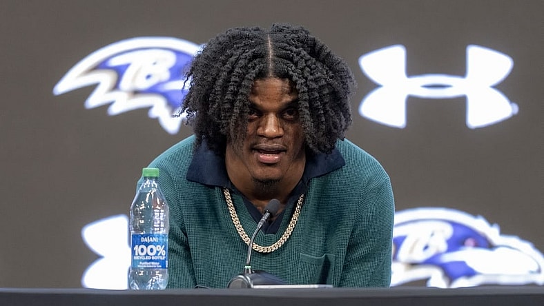 May 4, 2023; Owings Mills, MD, USA; Baltimore Ravens quarterback Lamar Jackson speaks during a press conference at Under Armour Performance Center. Mandatory Credit: Brent Skeen-USA TODAY Sports