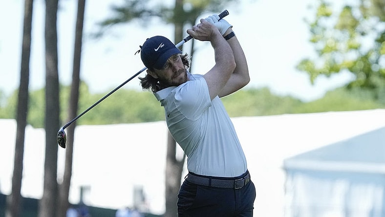 May 4, 2023; Charlotte, North Carolina, USA; Tommy Fleetwood hits his second shot on ten during the first round of the Wells Fargo Championship golf tournament. Mandatory Credit: Jim Dedmon-USA TODAY Sports