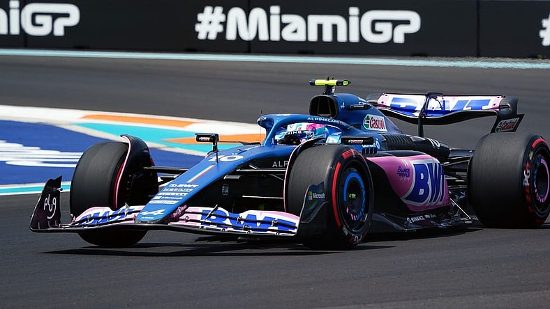 May 5, 2023; Miami Gardens, Florida, USA;  Alpine driver Pierre Gasly (10) of France races out of turn one during the first practice at Miami International Autodrome. Mandatory Credit: John David Mercer-USA TODAY Sports