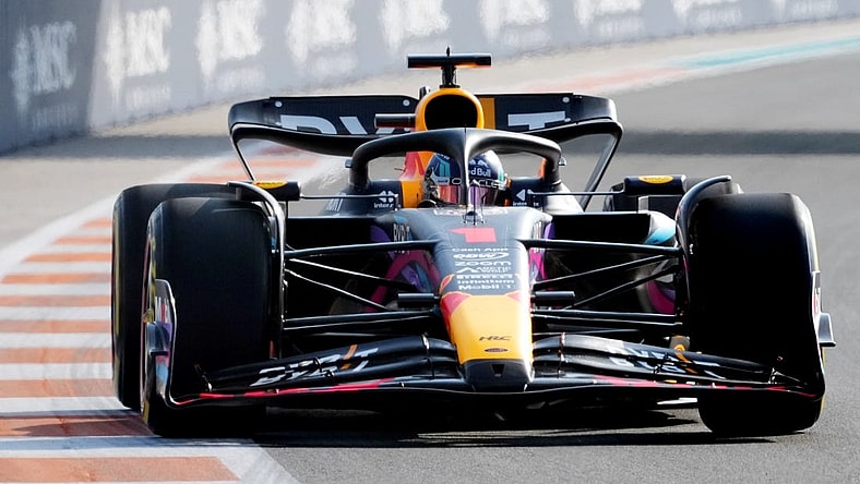 May 5, 2023; Miami Gardens, Florida, USA;  Red Bull driver Max Verstappen (1) of the Netherlands races into turn 11 during the second practice at Miami International Autodrome. Mandatory Credit: Jasen Vinlove-USA TODAY Sports