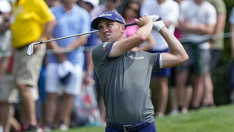 May 6, 2023; Charlotte, North Carolina, USA; Justin Thomas watches his shot to the ninth green during the third round of the Wells Fargo Championship golf tournament. Mandatory Credit: Jim Dedmon-USA TODAY Sports